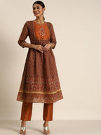 All About You Women Rust Floral Printed Empire Kurta with Trousers | Grocsy