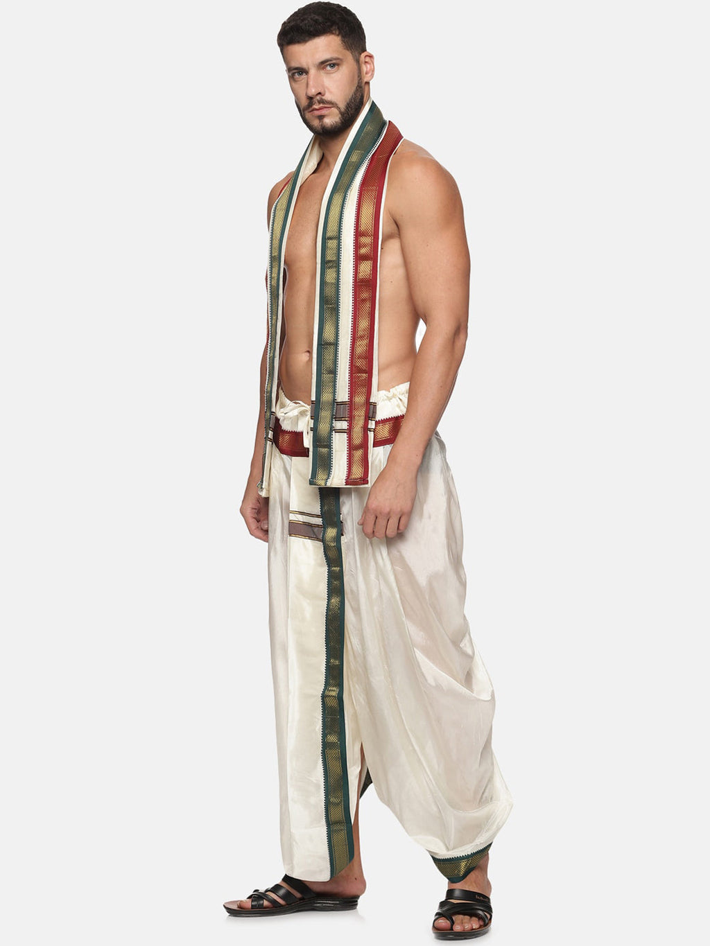 Sethukrishna Men Cream Coloured Solid Dhoti Pant With Angavastram | Grocsy