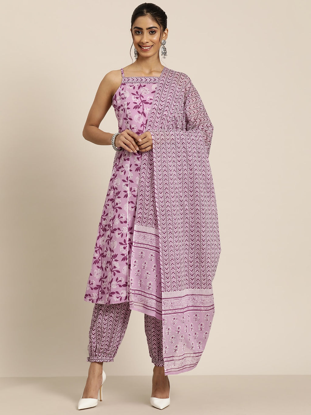 HERE&NOW Women Floral Printed Regular Pure Cotton Kurta with Palazzos & Dupatta | Grocsy