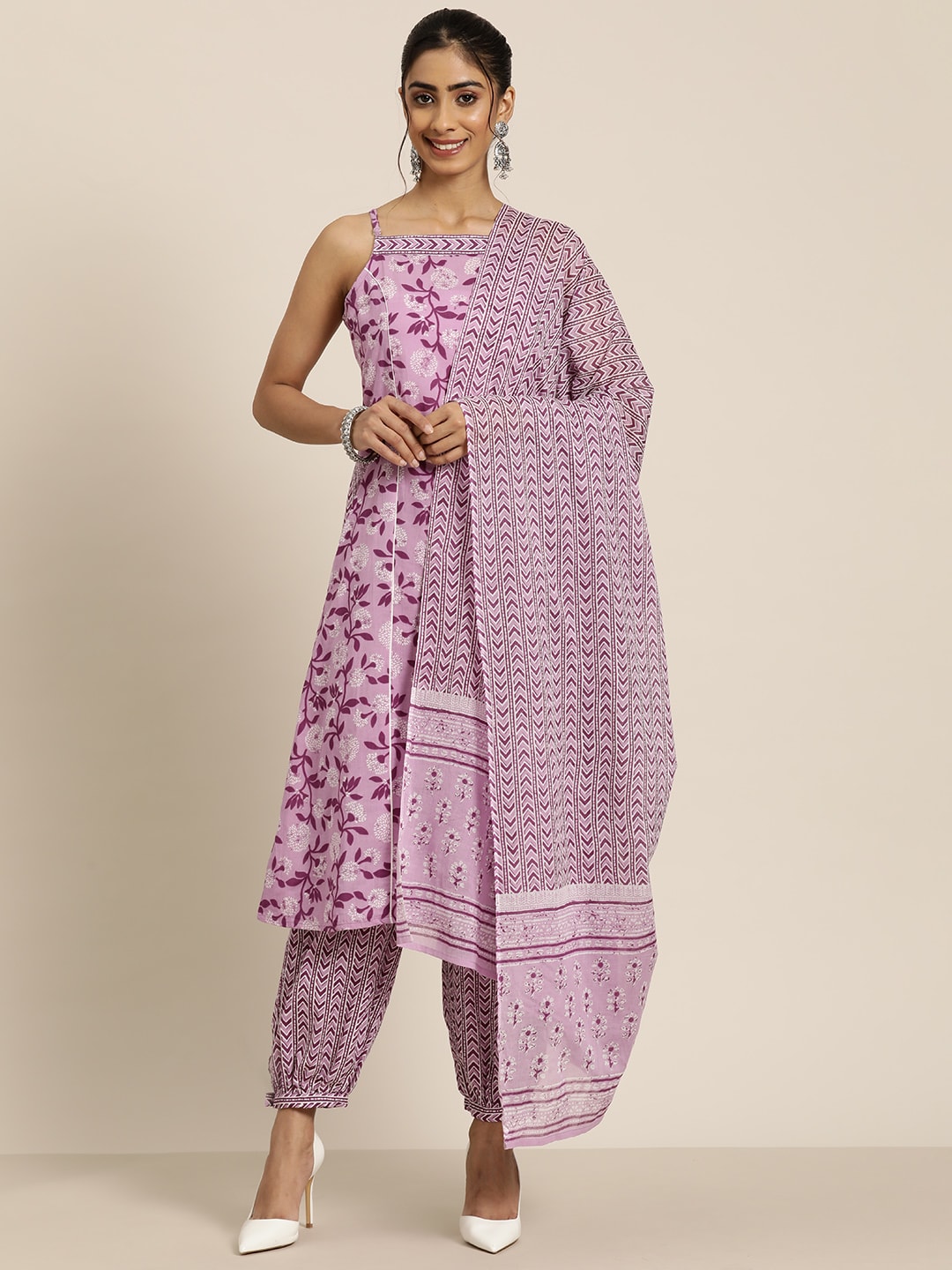 HERE&NOW Women Floral Printed Regular Pure Cotton Kurta with Palazzos & Dupatta | Grocsy