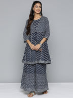 HERE&NOW Ethnic Motifs Printed Layered Gotta Patti Pure Cotton Kurta with Sharara | Grocsy