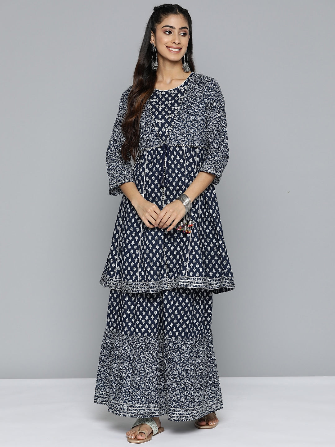 HERE&NOW Ethnic Motifs Printed Layered Gotta Patti Pure Cotton Kurta with Sharara | Grocsy