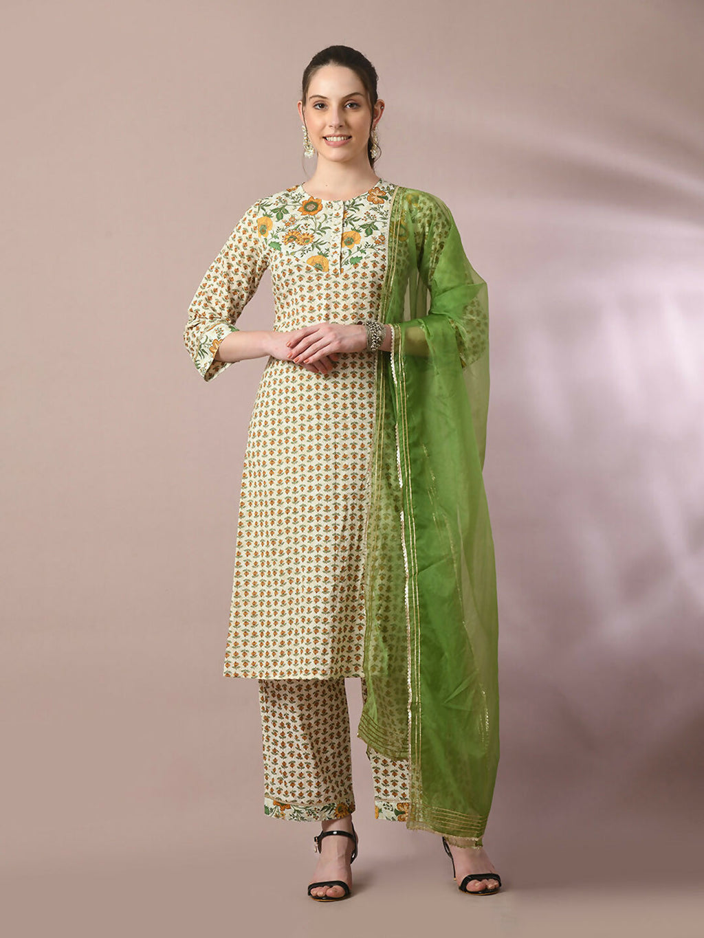 Myshka Women's Multi Printed Cotton Straight Party Kurta Set With Dupatta | Grocsy