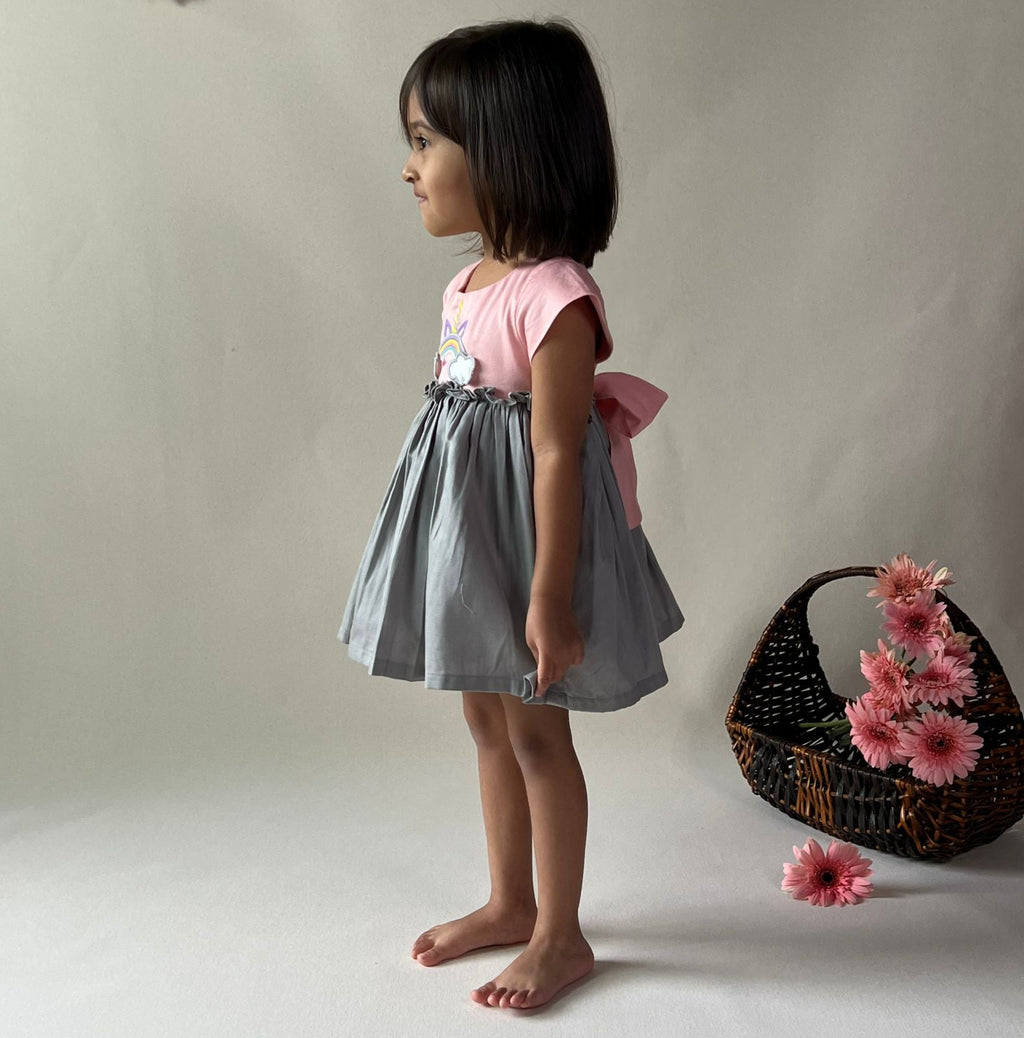 ArthLife Peach And Grey Unicorn Embroidered Dress | Grocsy