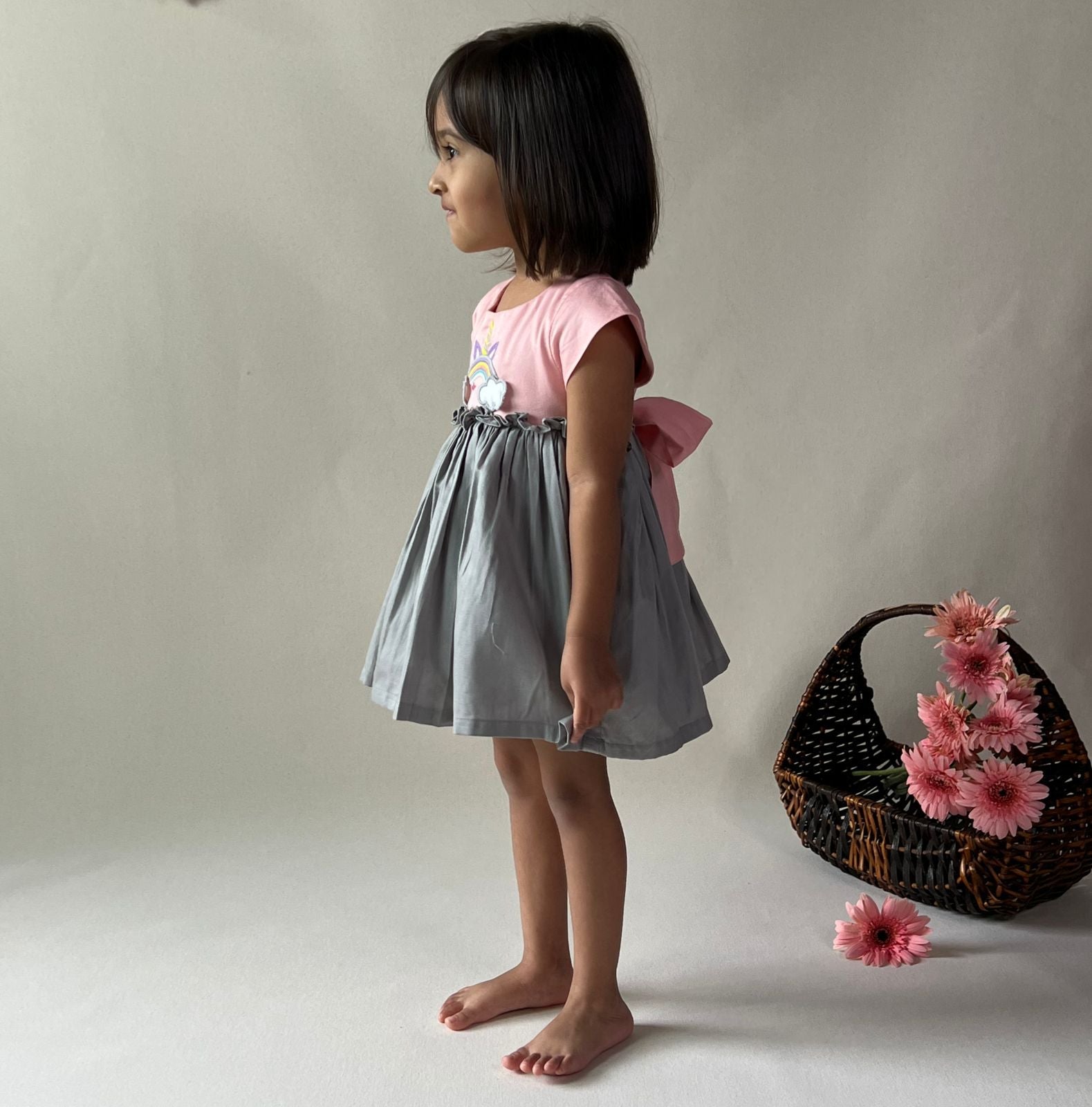 ArthLife Peach And Grey Unicorn Embroidered Dress | Grocsy