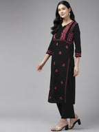 ADA Ethnic Motifs Embroidered Round Neck Chikankari Cotton Kurta | Grocsy