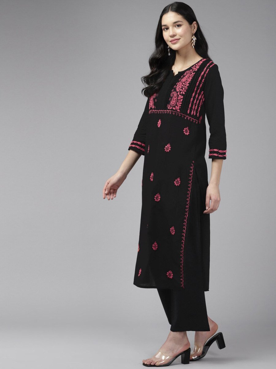 ADA Ethnic Motifs Embroidered Round Neck Chikankari Cotton Kurta | Grocsy