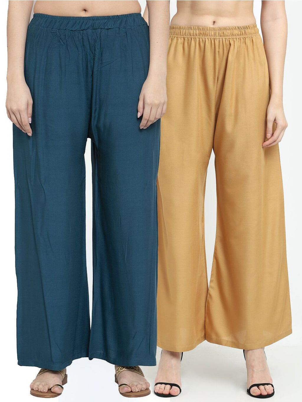 TAG 7 Women Pack of 2 Blue & Beige Solid Wide-Leg Palazzos | Grocsy
