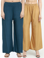 TAG 7 Women Pack of 2 Blue & Beige Solid Wide-Leg Palazzos | Grocsy