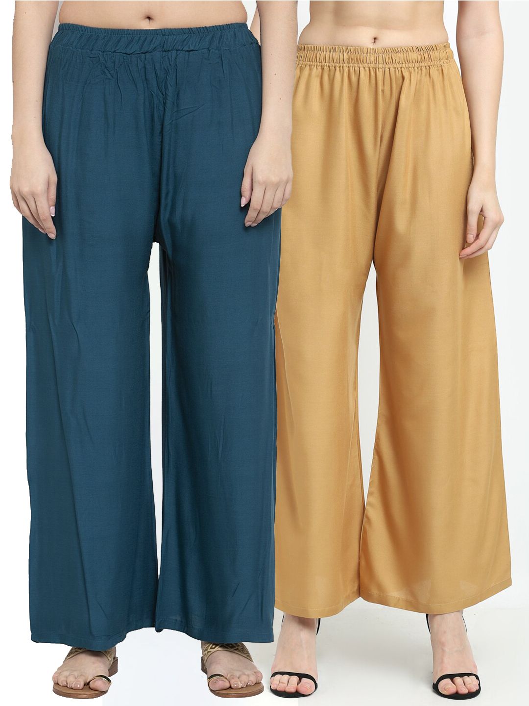 TAG 7 Women Pack of 2 Blue & Beige Solid Wide-Leg Palazzos | Grocsy