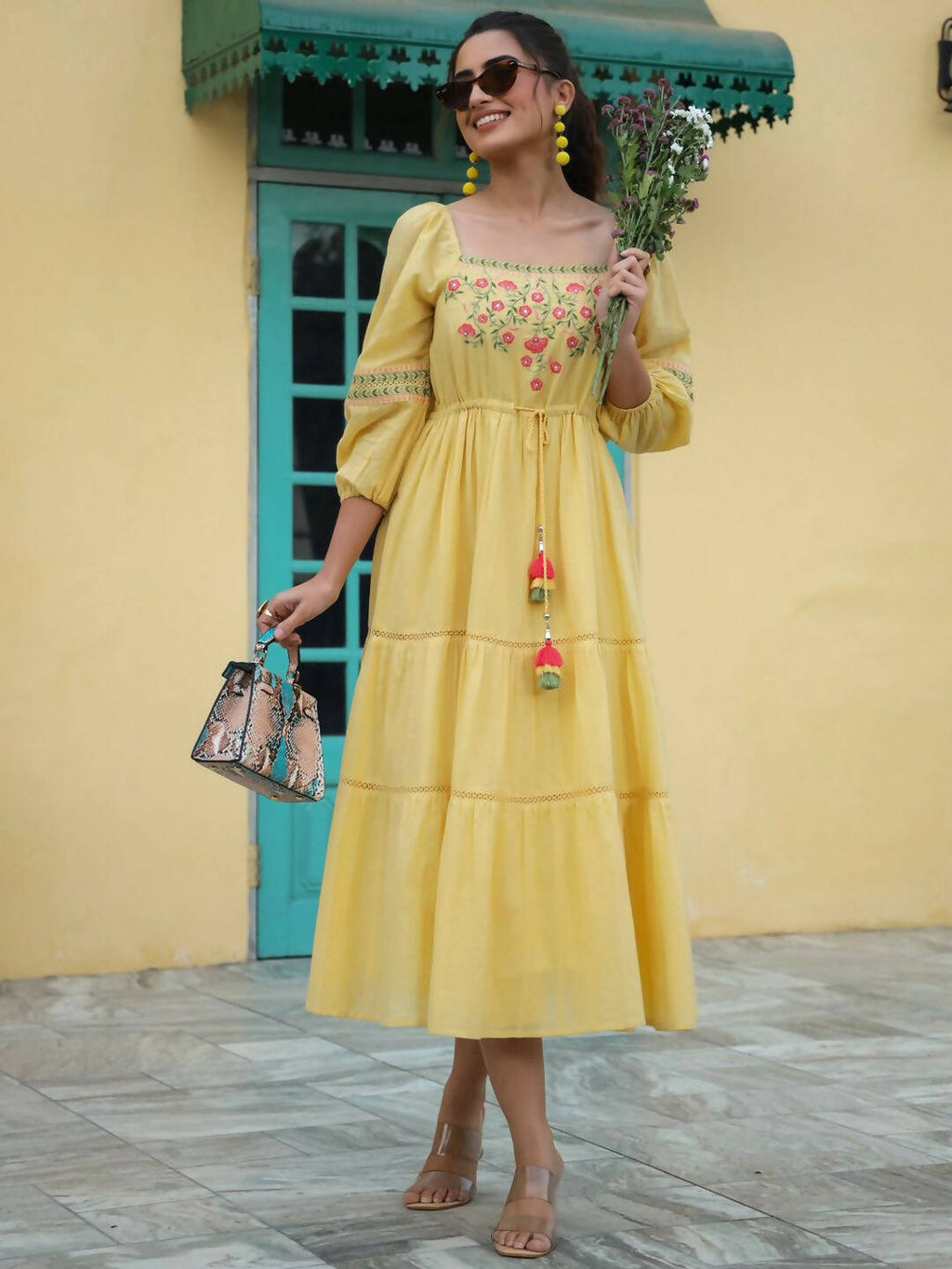 Juniper Women's Yellow Cotton Dobby Embroidered Flared Dress | Grocsy