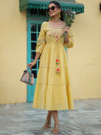 Juniper Women's Yellow Cotton Dobby Embroidered Flared Dress | Grocsy