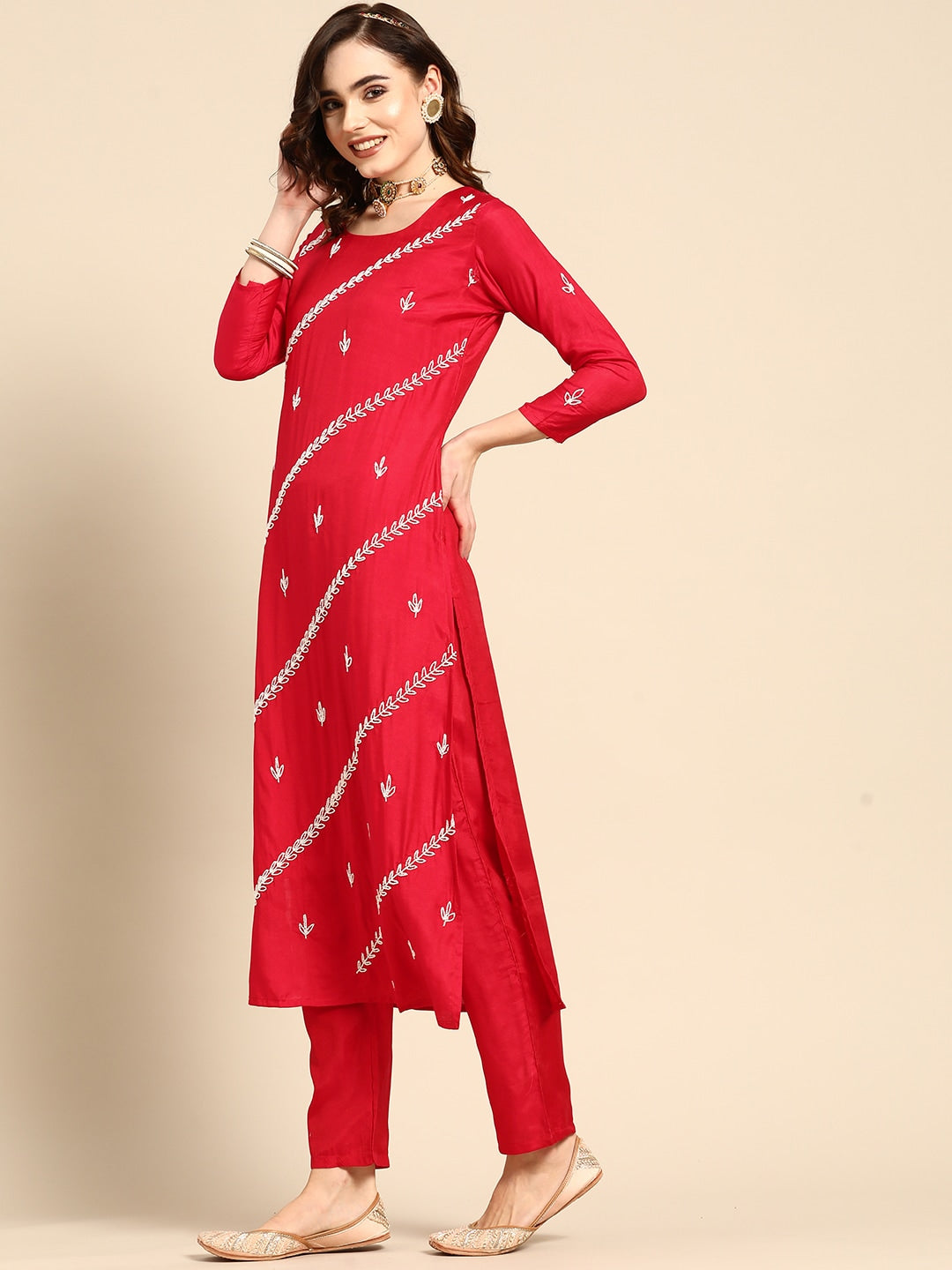 Sangria Women Red & White Ethnic Embellished Beaded Kurta with Trousers & Dupatta | Grocsy