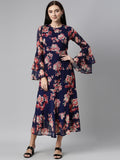 Souchii Navy Blue Floral Chiffon Midi Dress | Grocsy