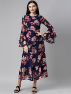 Souchii Navy Blue Floral Chiffon Midi Dress | Grocsy