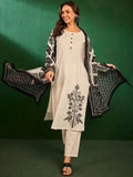 Sangria Floral Embroidered Pure Cotton Thread Work Kurta with Trousers & Dupatta | Grocsy