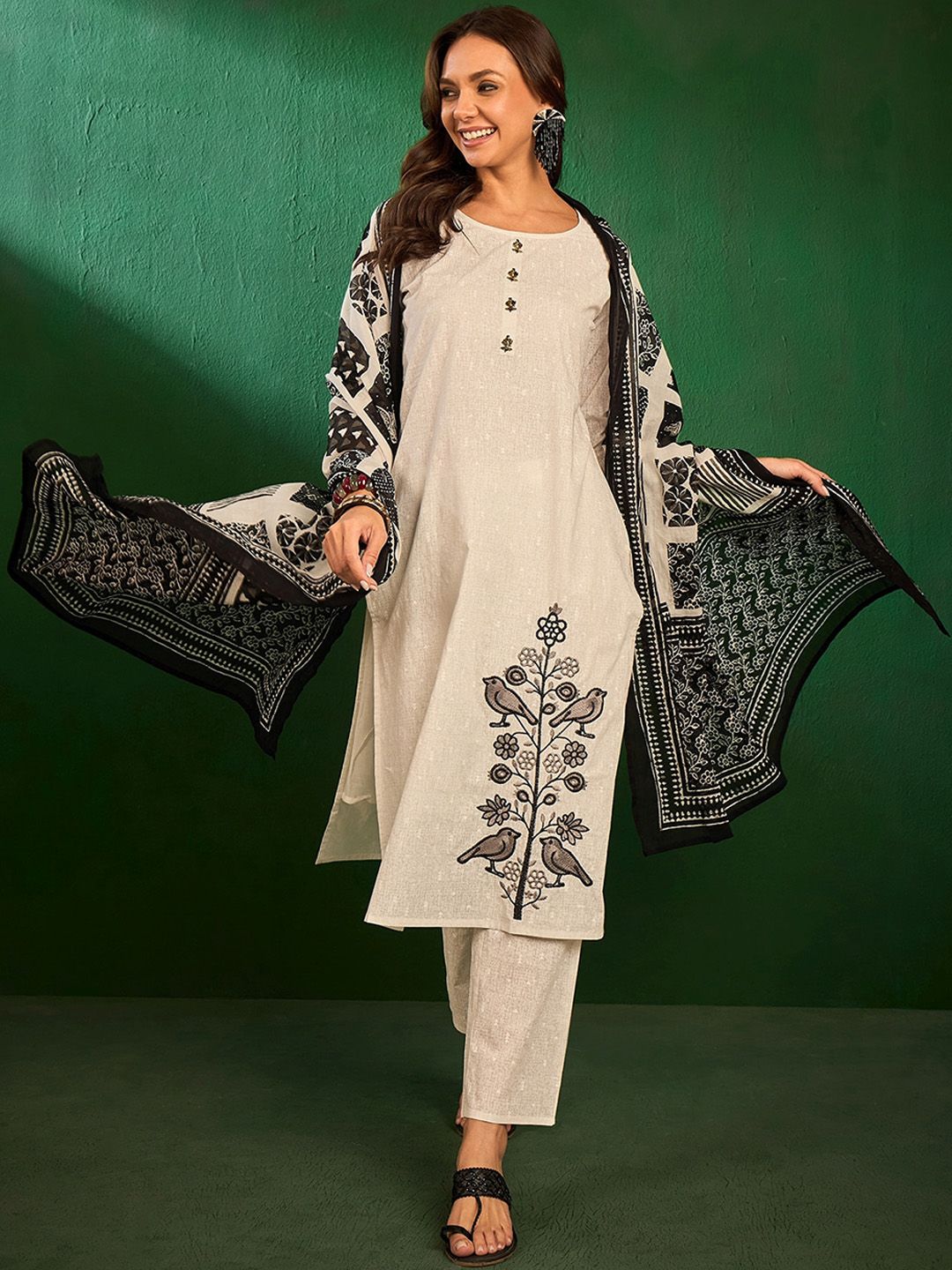 Sangria Floral Embroidered Pure Cotton Thread Work Kurta with Trousers & Dupatta | Grocsy