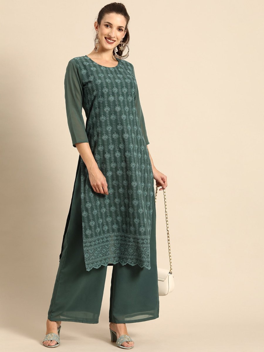All About You Women Green Ethnic Motifs Embroidered Regular Chikankari Kurta with Palazzos | Grocsy