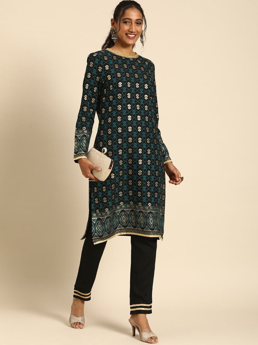 All About You Women Black & Gold-Toned Floral Printed Regular Kurta with Trousers | Grocsy