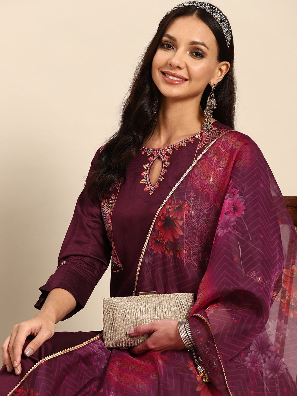 Sangria Women Floral Embroidered Regular Sequinned Kurta With Trousers & With Dupatta | Grocsy