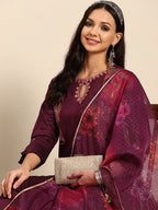 Sangria Women Floral Embroidered Regular Sequinned Kurta With Trousers & With Dupatta | Grocsy