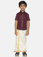 Sethukrishna Boys Maroon & White Solid Shirt with Veshti Set | Grocsy