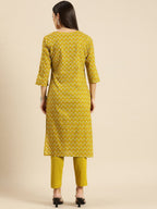 All About You Women Olive Green Ethnic Motifs Print Pure Cotton Kurta with Trousers | Grocsy