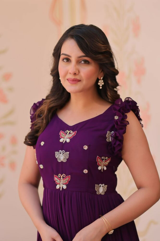 Vastranavya Purple Faux Blooming With Sequins Multithreaded Beads Embroidered work Gown | Grocsy
