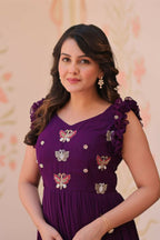 Vastranavya Purple Faux Blooming With Sequins Multithreaded Beads Embroidered work Gown | Grocsy