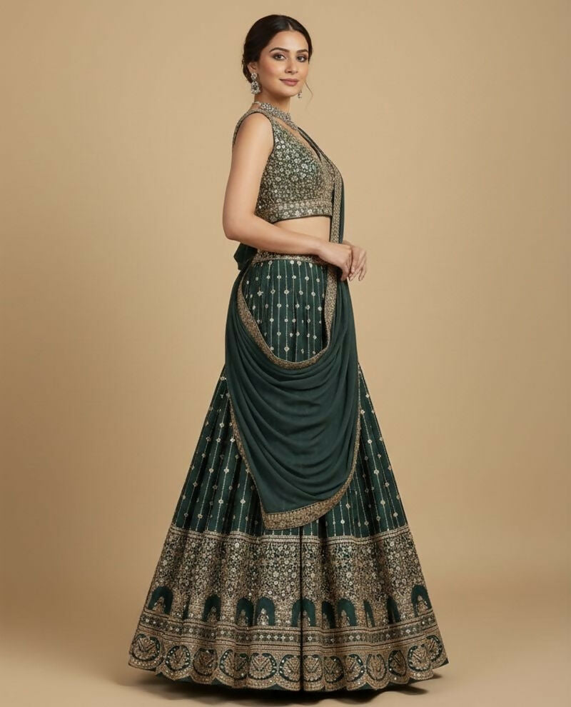 Lehenga Mart Greenish Star Faux Georgette Designer Bollywood Style Wedding Wear Lehenga Choli | Grocsy