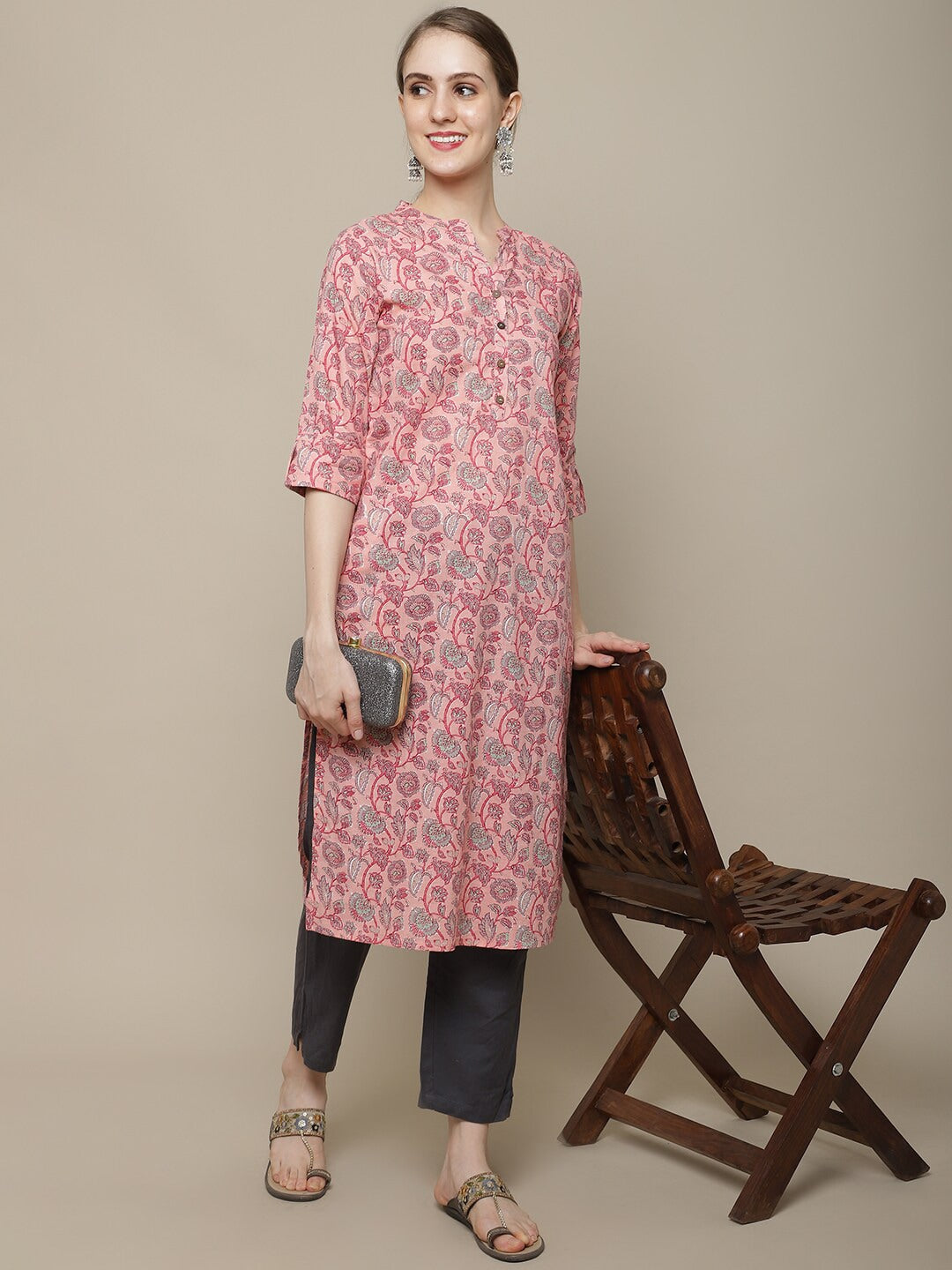 Sangria Women Pink Ethnic Motifs Printed Floral Kurta | Grocsy