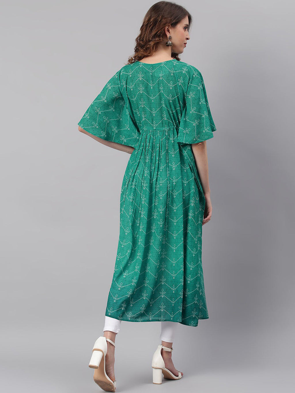 Janasya Women Green Ethnic Motifs Printed Keyhole Neck Flared Sleeves Georgette Kaftan Kurta | Grocsy