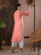 ADA Women Peach-Coloured Chikankari Hand Embroidered Straight Kota Handloom Kurta With Matching Slip | Grocsy