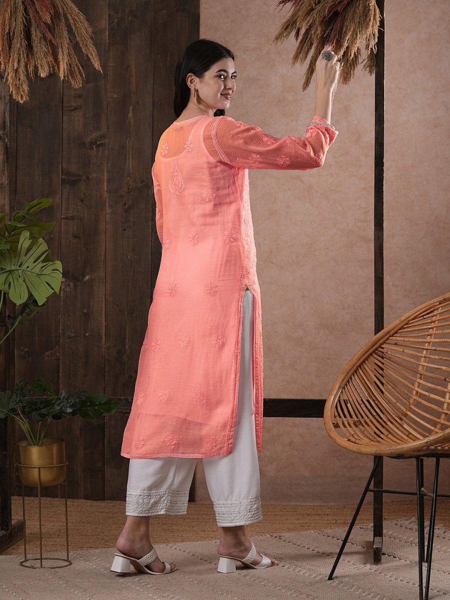 ADA Women Peach-Coloured Chikankari Hand Embroidered Straight Kota Handloom Kurta With Matching Slip | Grocsy