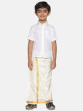 Sethukrishna Boys White & Gold-Toned Pure Cotton Shirt with Dhoti Set | Grocsy
