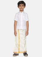 Sethukrishna Boys White & Gold-Toned Pure Cotton Shirt with Dhoti Set | Grocsy