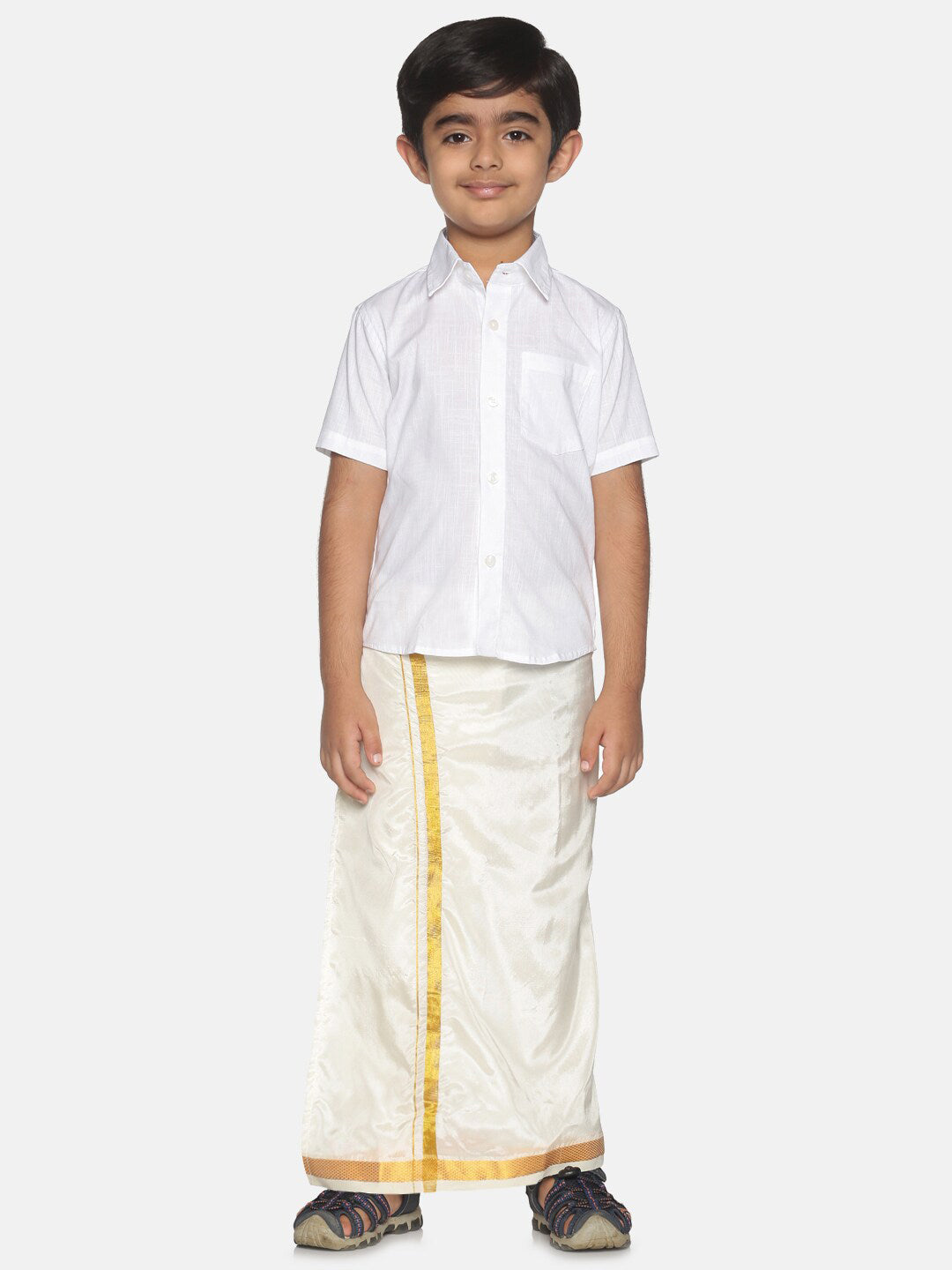 Sethukrishna Boys White & Gold-Toned Pure Cotton Shirt with Dhoti Set | Grocsy