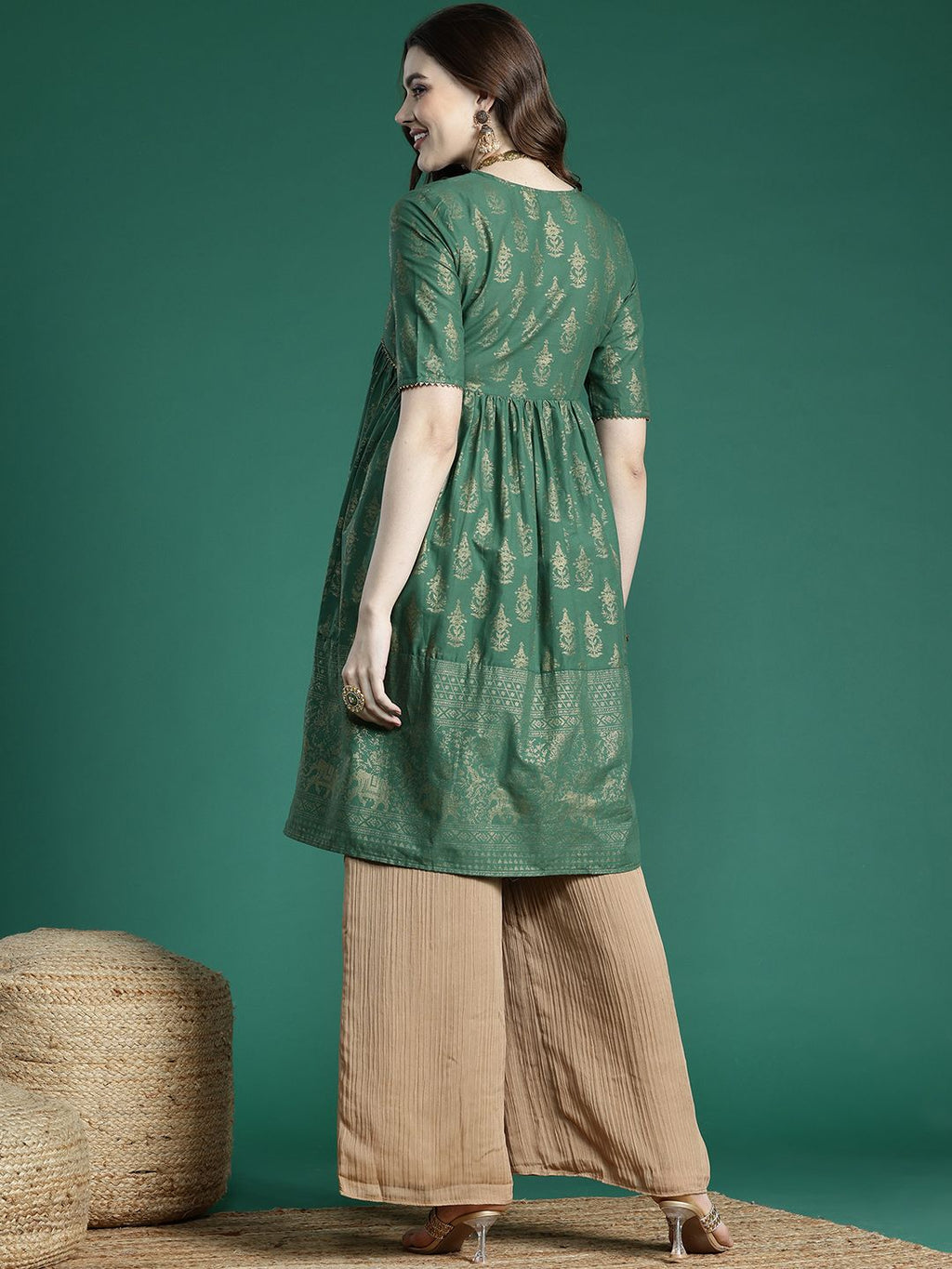 Sangria Ethnic Motifs Print Gotta Patti Pure Cotton Anarkali Kurta | Grocsy