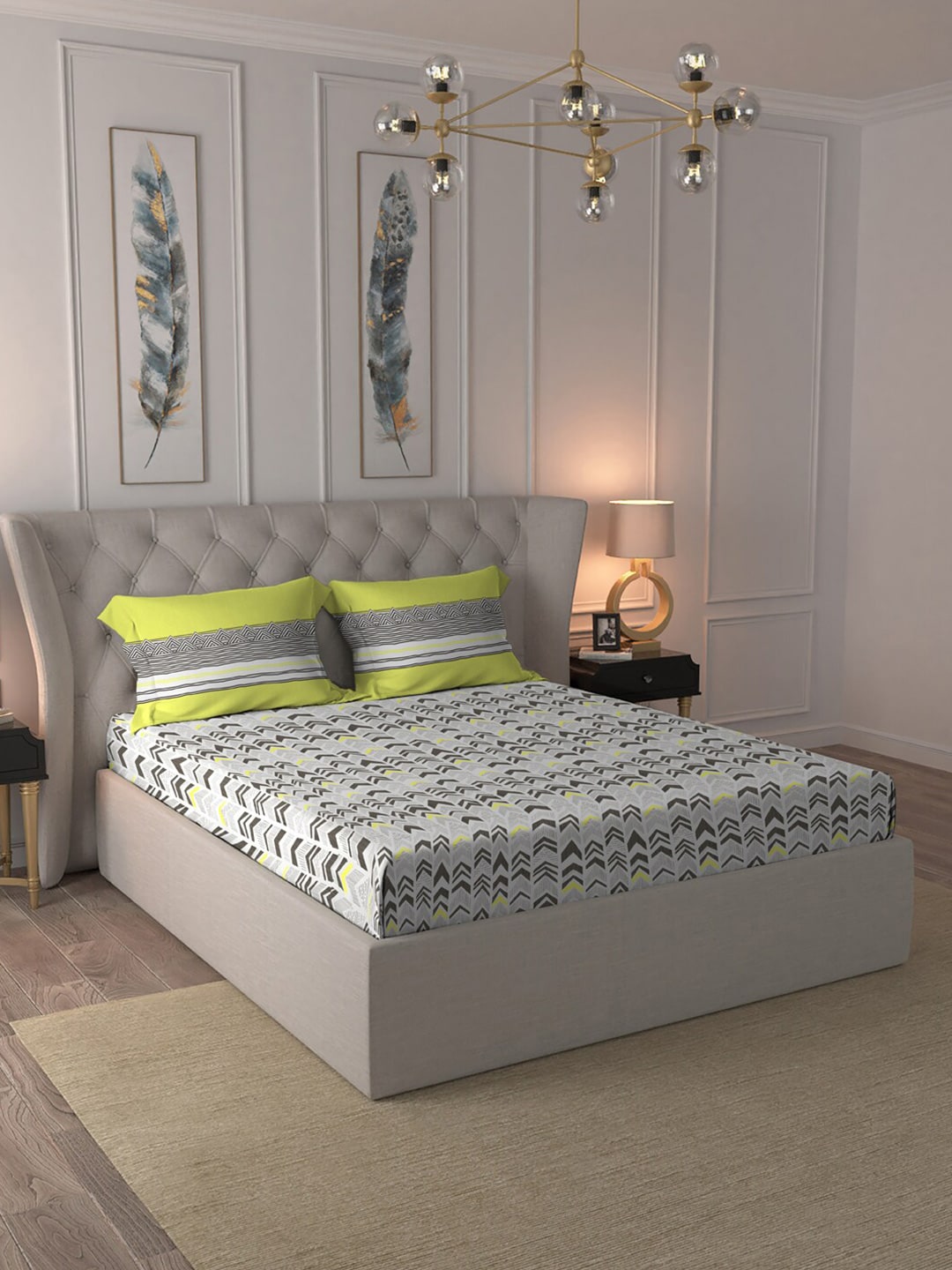 MYTRIDENT Grey Green Geometric Cotton 144 TC Queen Bedsheet With 2 Pillow Covers | Grocsy