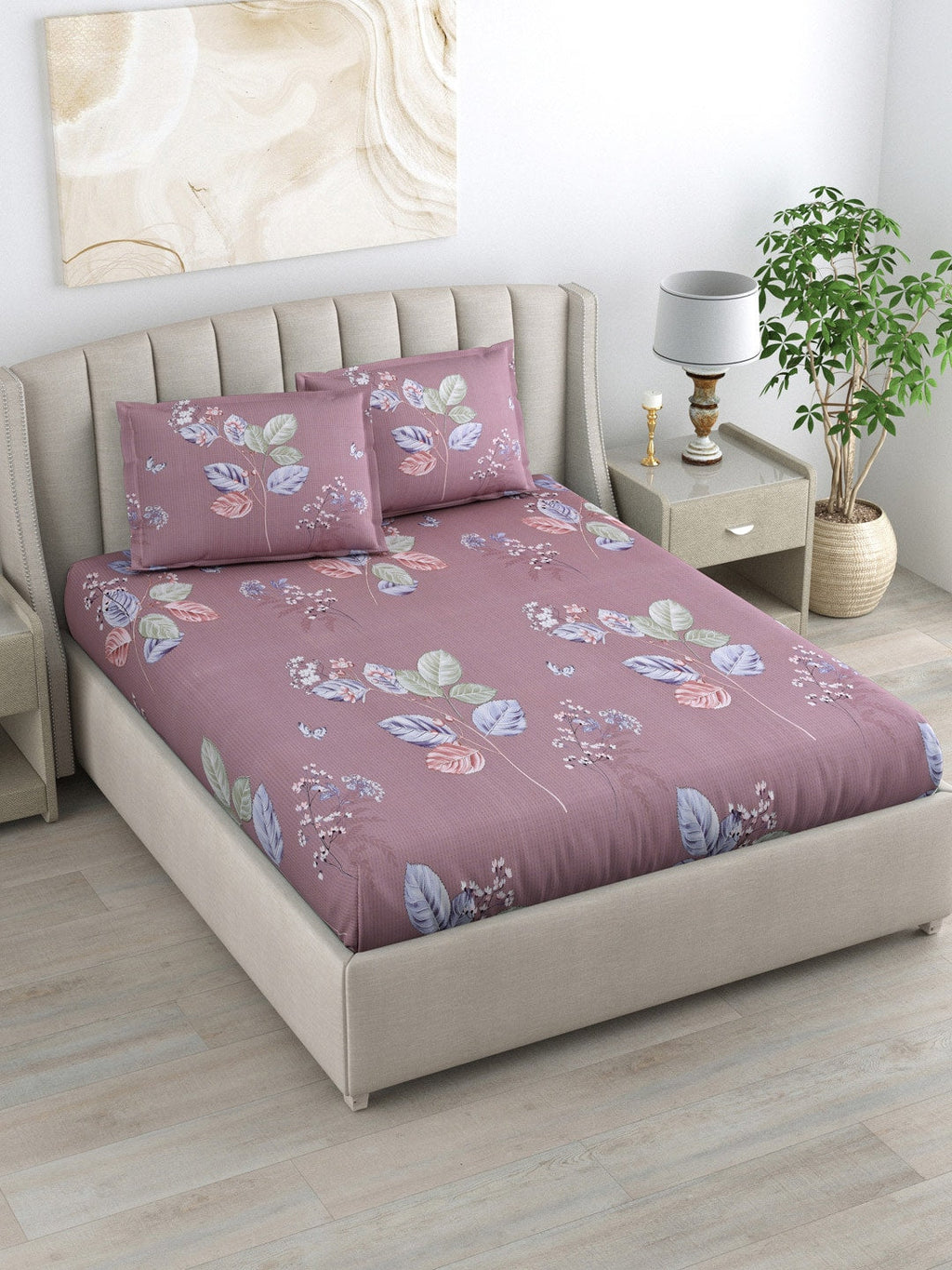 DREAM WEAVERZ 220 TC Pink & Blue Floral Glazed Cotton King Bedsheet with 2 Pillow Covers | Grocsy