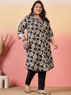 Sztori Plus Size Floral Printed Shirt Collar Roll-Up Sleeves Crepe Pathani Kurta | Grocsy