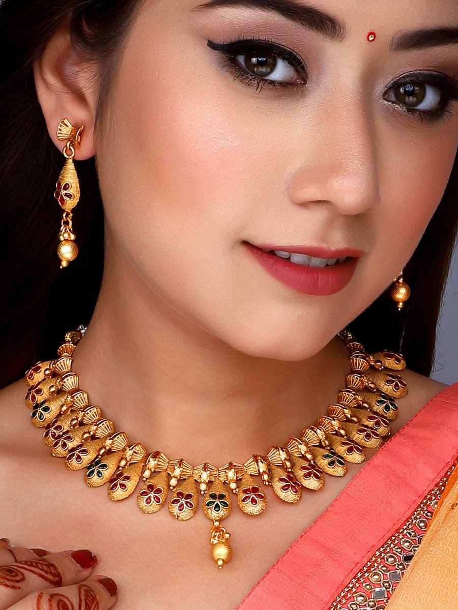 Aadita Gold-Polished Temple Choker Ruby Jewellery Set | Grocsy