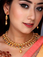 Aadita Gold-Polished Temple Choker Ruby Jewellery Set | Grocsy