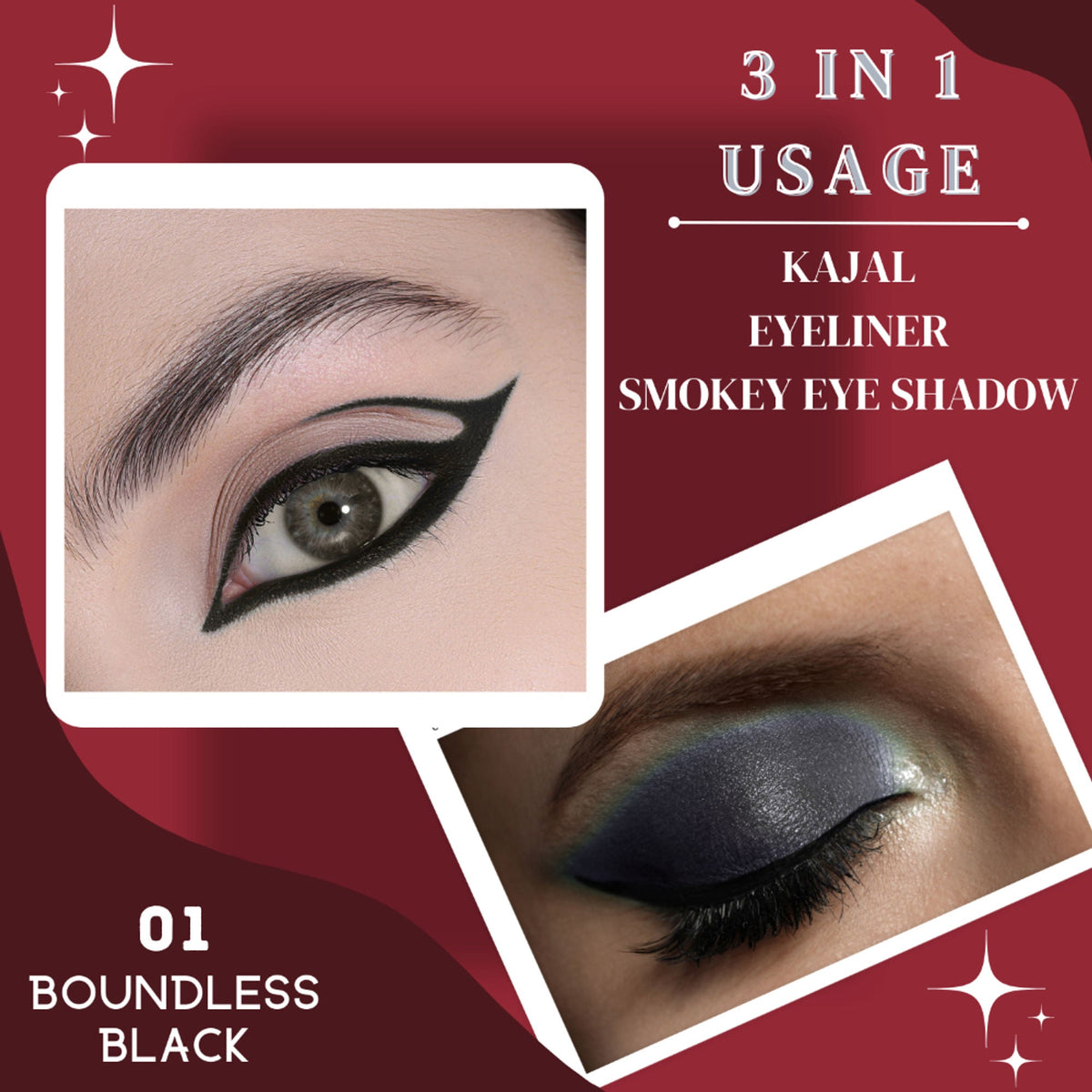 KINDED Kind Eyes Kajal 3 In 1 Kohl Kajal Eye Liner Smokey Eye Shadow - 01 Boundless Black | Grocsy
