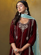 Sangria Floral Embroidered Round Neck Straight Velvet Kurta With Trousers & Dupatta | Grocsy