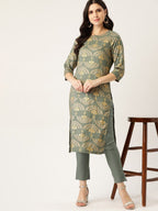 All About You Women Grey & Golden Ethnic Motifs Print Kurta with Trousers | Grocsy