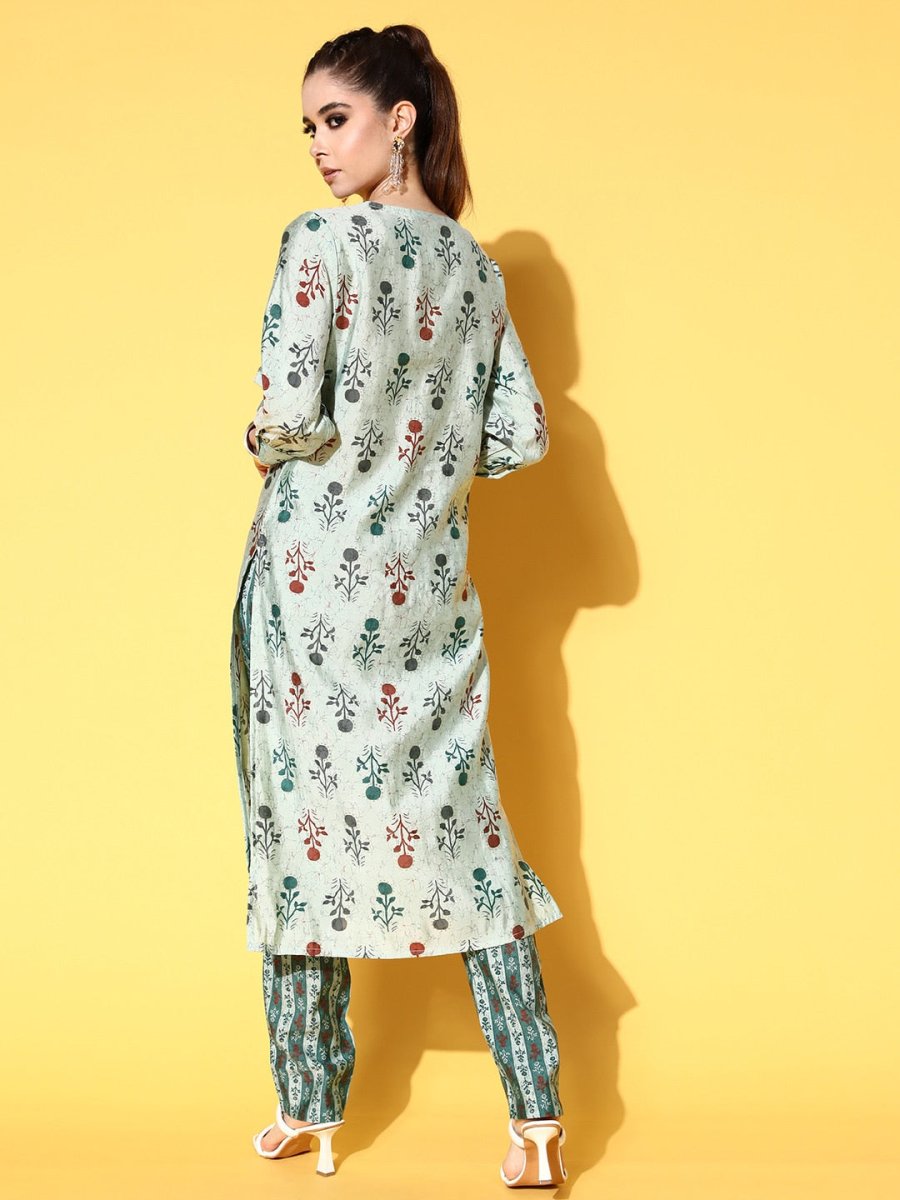 All About You Women Calm Green Ethnic Motifs Print Parade Kurta with Trousers | Grocsy