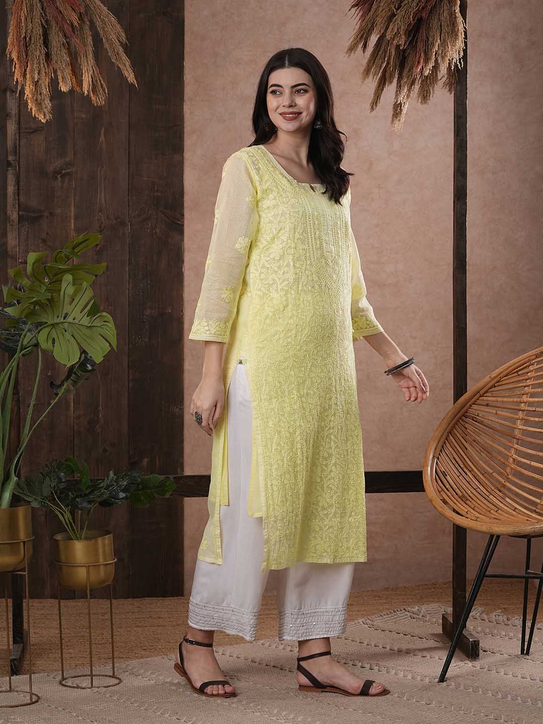 ADA Women Yellow & White Hand Embroidered Chikankari Sustainable Kota Handloom Kurta With Matching Slip | Grocsy