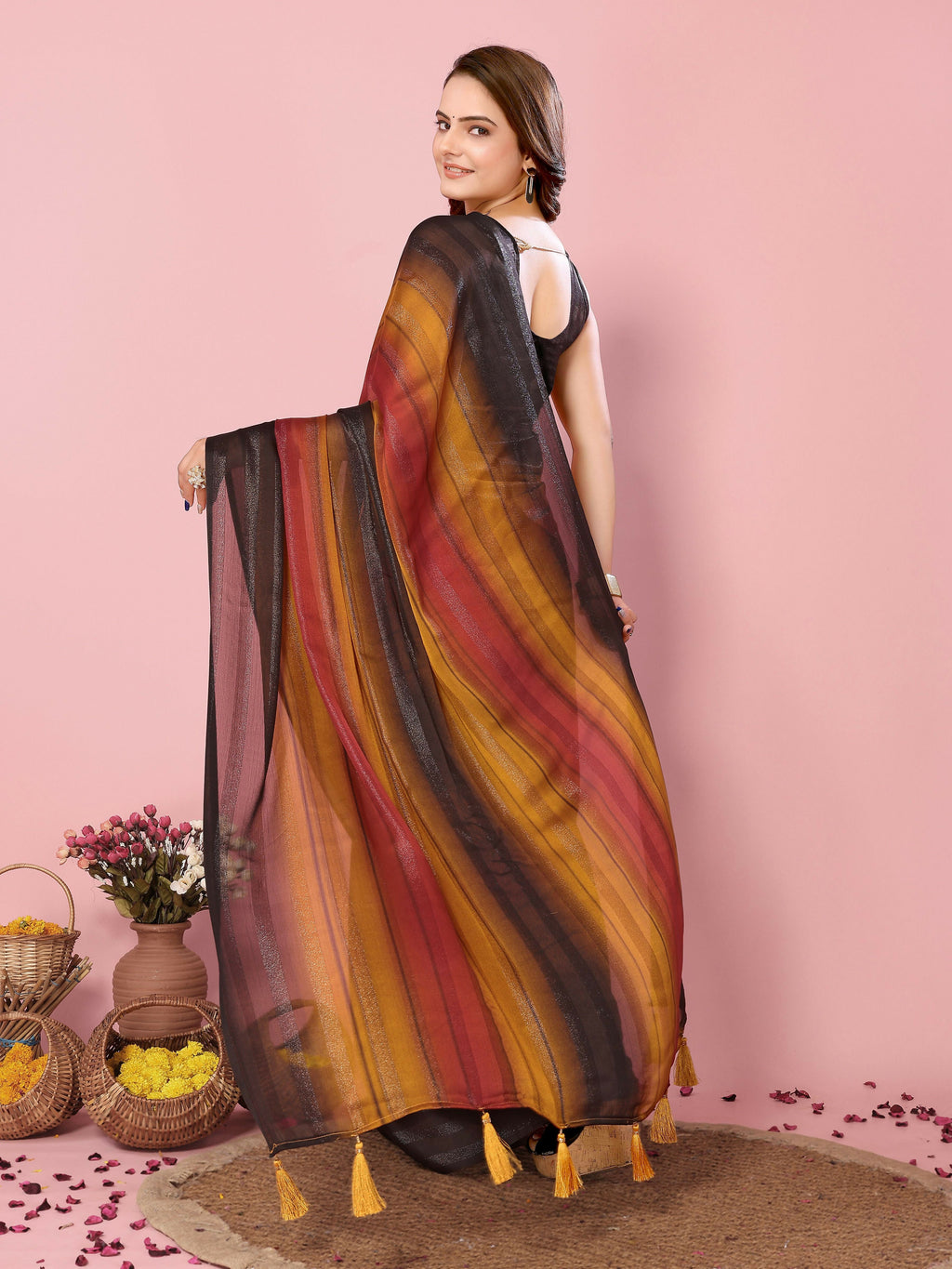 Attractive These Party Wear Ready To Wear Saree - Orange | Grocsy