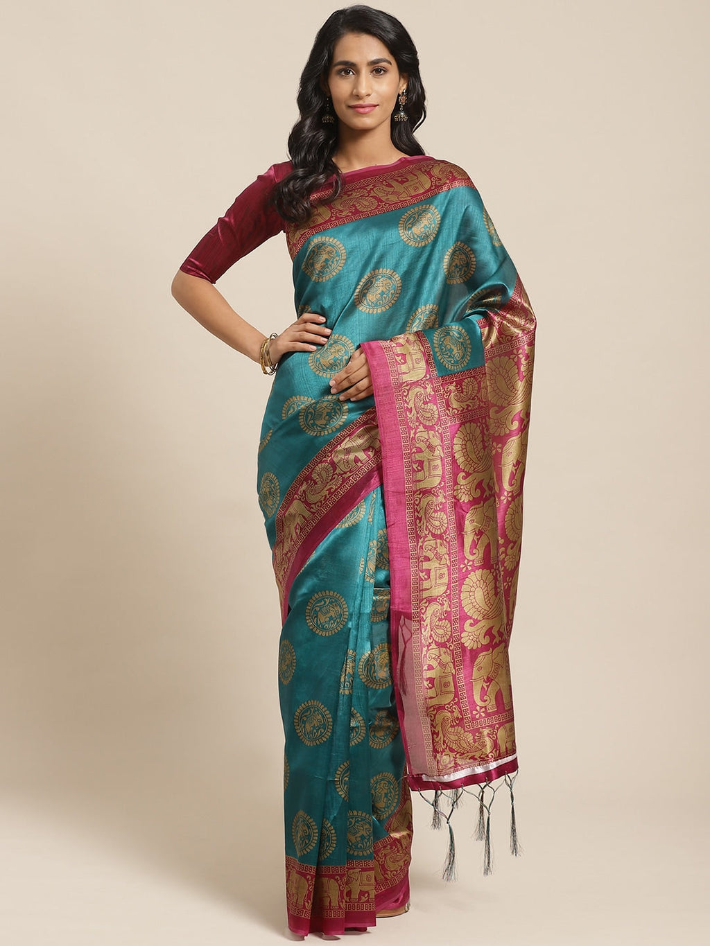 Saree Mall Teal Green & Beige Printed Bhagalpuri Saree | Grocsy